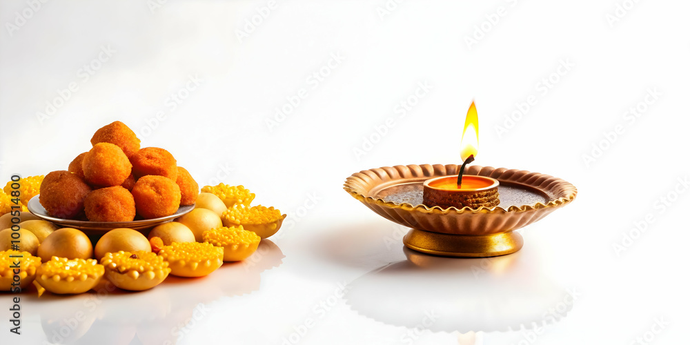 Obraz premium Flat Levitating Diya and Festive Sweets for Bhai Dooj Celebration - Vector Illustration of Hovering Diya with Traditional Sweets