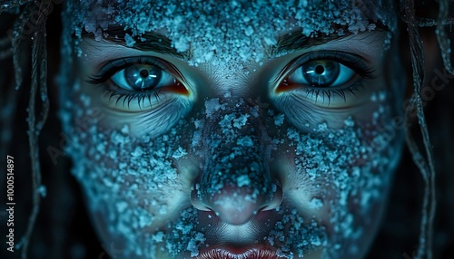 close-up of a frozen face with icy crystals covering the skin and eyes, against a dark background created with generative ai