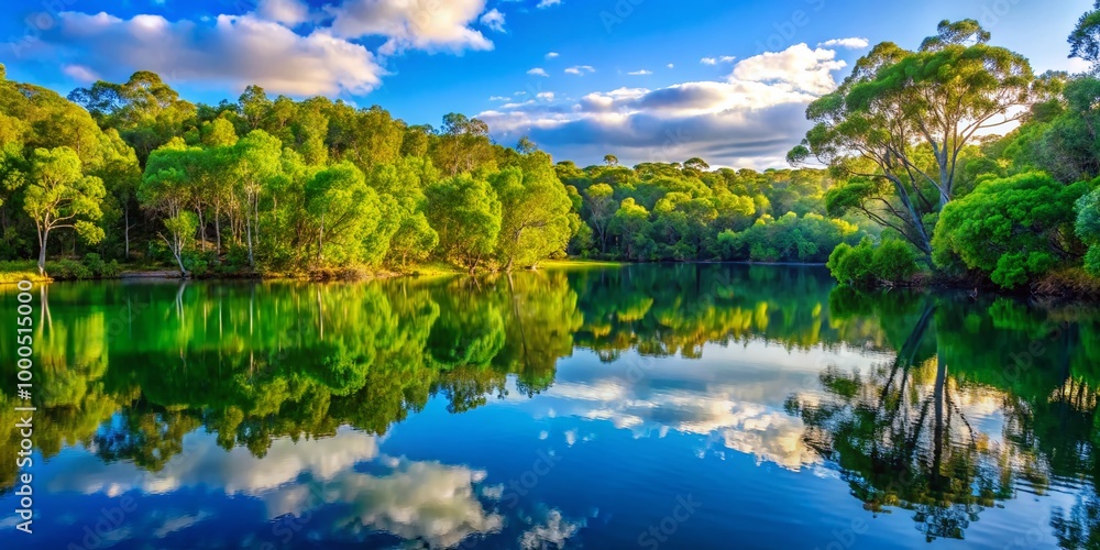 Obraz premium Serene Landscape of Coombabah Lake Conservation Park with Lush Vegetation and Reflective Waters