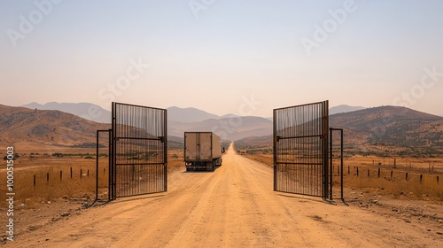 Heavy gates blocking a oncebusy trade road, empty trucks idling, dusty terrain, highnoon sun, distant hills, wide view photo