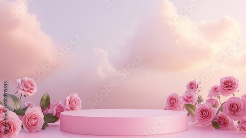 Fototapeta Naklejka Na Ścianę i Meble -  Pink podium with pink roses and cloudy sky for product display.