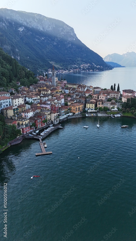 Fototapeta premium Morning aerial view of the town of Varenna in Lake Como Italy