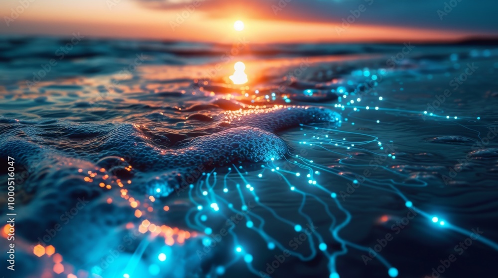 A futuristic scene showing an ocean at sunset with glowing blue digital lights tracing the waves. The mix of natural and digital elements creates a stunning contrast between nature and technology.