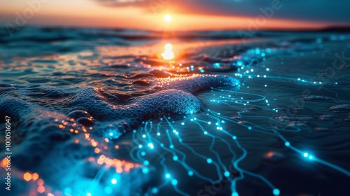 Obraz na płótnie A futuristic scene showing an ocean at sunset with glowing blue digital lights tracing the waves. The mix of natural and digital elements creates a stunning contrast between nature and technology. w salonie