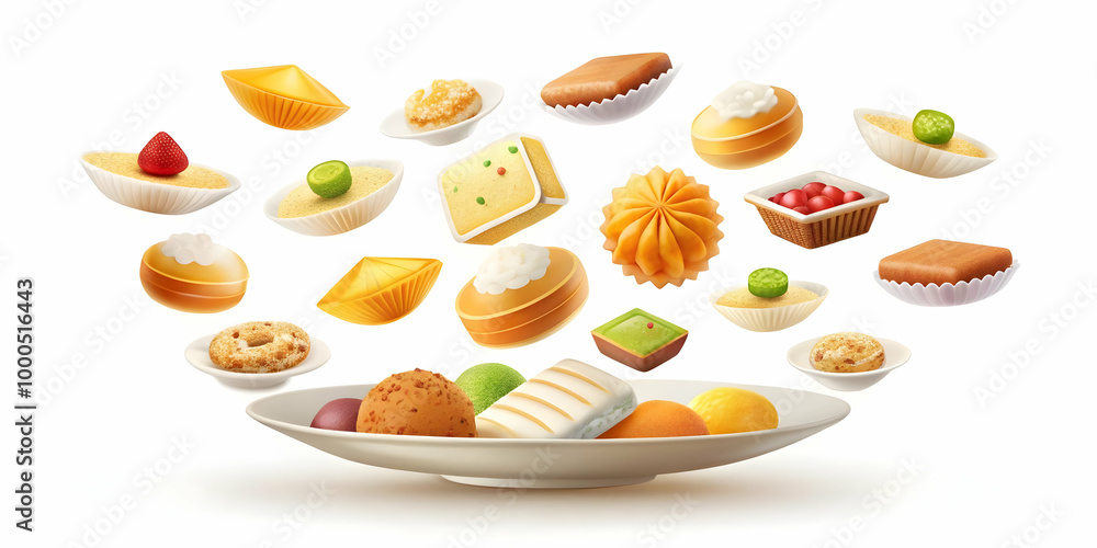 Flat Suspended Bhai Dooj Sweets Concept - Modern Aesthetic Floating Treats Defying Gravity in a Soft Glow, Isolated White Background Flat Suspended Bhai Dooj Sweets Concept - Modern Aesthetic Floating Treats Defying Gravity in a Soft Glow, Isolated White Background