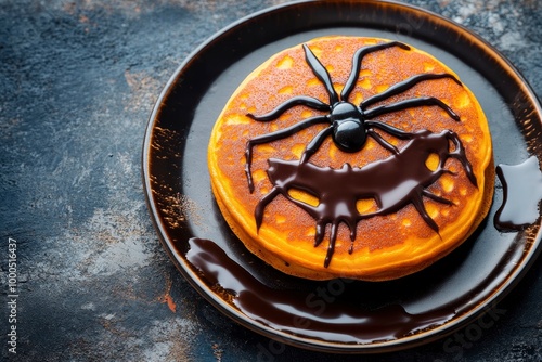 Halloween pumpkin pancake with chocolate spider for funny kids breakfast - generative ai