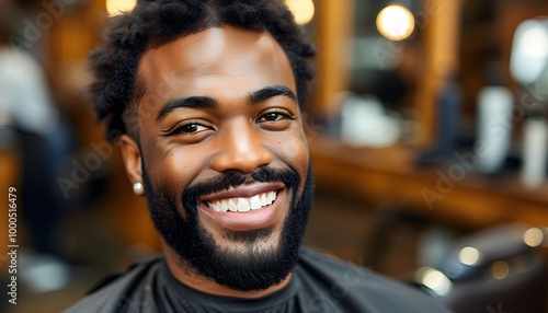 Confidently smiling black man in a close-up portrait, showcasing clear skin and a well-groomed beard in a vibrant salon, radiating pride and joy in hair care.