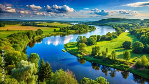 Serene View of Menam River with Lush Green Banks and Scenic Landscape Under Clear Blue Sky photo