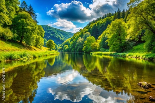 Serene View of the Eder River Surrounded by Lush Greenery in Beautiful Germany's Nature Landscape