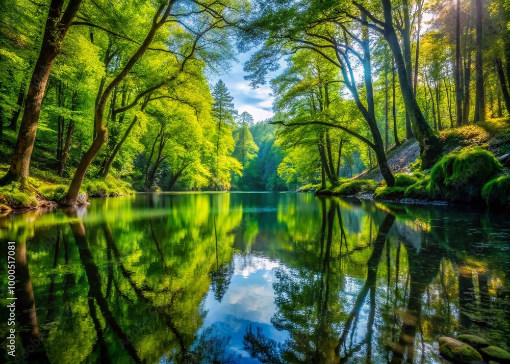 Fototapeta premium Serene Water Forest Reflections with Lush Greenery and Tranquil Waters Under Soft Morning Light
