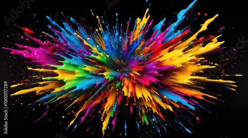 Fantastic spiral explosion colorful liquid paint splatter on black background