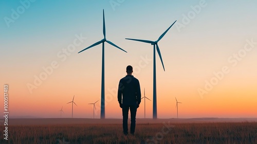 Wind farm at dawn, engineers shadow on the ground, long shot, serene atmosphere