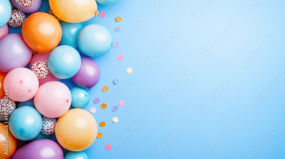 Festive balloons on blue blank background with copy space area Festive balloons on blue blank background with copy space area
