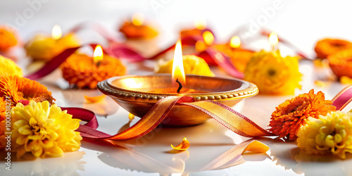 Festive Floating Diya with Colorful Flowers and Glowing Ribbon - Celebrating Bhai Dooj in Dynamic Photo Stock Composition photo