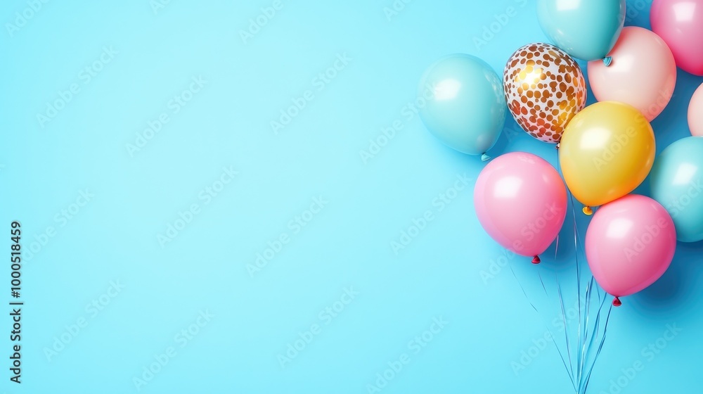 Festive balloons on blue blank background with copy space area Festive balloons on blue blank background with copy space area