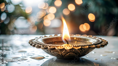 Floating Diya with Glowing Light: A Gravity-Defying Aesthetics of Bhai Dooj Celebrations - Traditional Diya with Soft Glare in Mid-Air photo