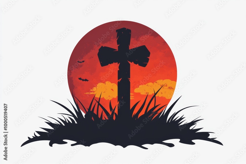 Halloween graveyard silhouette with cross and sunset background illustrating a spooky mysterious and haunting Halloween scene Halloween graveyard silhouette with cross and sunset background illustrating a spooky mysterious and haunting Halloween scene