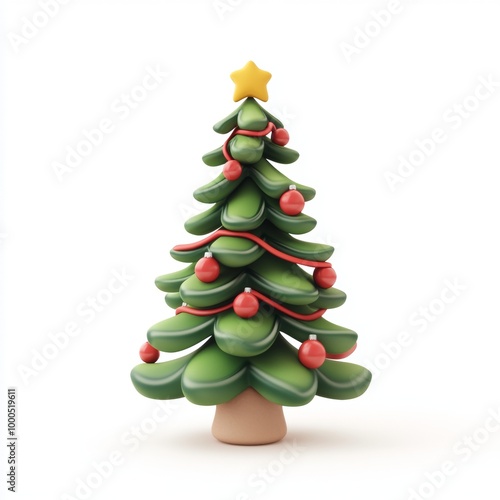 Minimalistic green pine tree figurine on a white background, creating a modern holiday aesthetic.