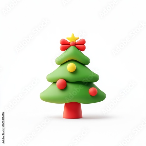 Minimalistic green pine tree figurine on a white background, creating a modern holiday aesthetic.