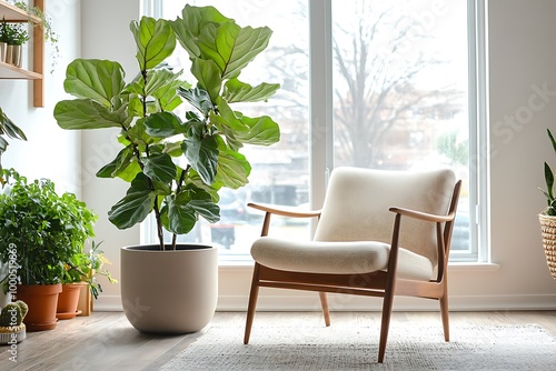 Cozy living space with a chair and indoor plants.