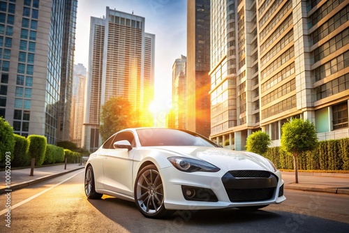 Sleek White Car Parked on Urban Street with Modern Buildings in Background on a Sunny Day