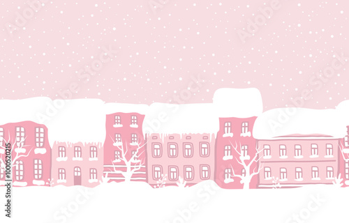 Winter Town. Seamless Border. Snow-covered Houses. Christmas Background. Winter Landscape. Pink Houses, Trees, Snow. Hand Drawing Vector Illustration