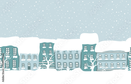 Winter Town. Snow-covered Houses. Christmas Background. Seamless Border. Winter Landscape. Blue Houses, Trees, Snow. Hand Drawing Vector Illustration