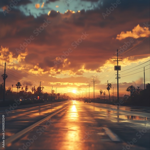 Highway stretches out endlessly, captured from a low angle as the sun sets, casting vibrant colors and dramatic skies overhead