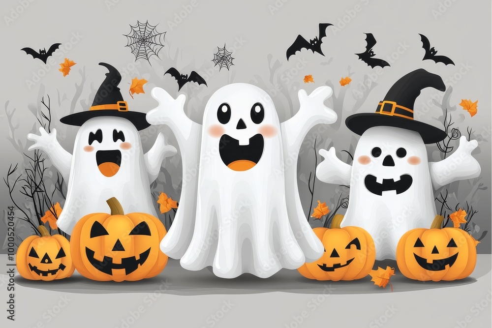 Group of cheerful ghosts and pumpkins celebrating Halloween with bats flying overhead evoking a fun and playful seasonal illustration Group of cheerful ghosts and pumpkins celebrating Halloween with bats flying overhead evoking a fun and playful seasonal illustration
