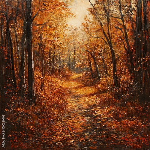 Leaf-covered pathway winds through a vibrant autumn forest, with rich orange and yellow foliage illuminated by soft sunlight