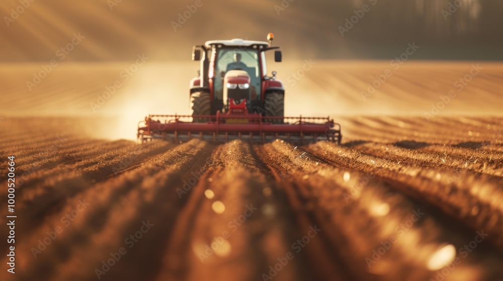 A close-up of a tractor working in the field during sunrise, creating long, straight lines in the soil. The scene highlights modern agriculture and the early morning effort required for crop A close-up of a tractor working in the field during sunrise, creating long, straight lines in the soil. The scene highlights modern agriculture and the early morning effort required for crop