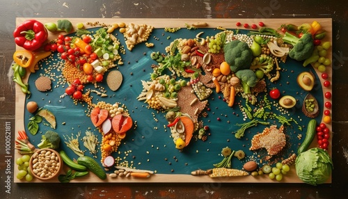 Colorful world map made of various foods, creative culinary art representation of global cuisine diversity photo