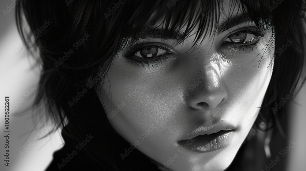 Intense Gaze: A Black and White Portrait of a Woman Intense Gaze: A Black and White Portrait of a Woman