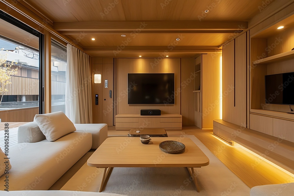 Modern living room with wooden accents and cozy furniture. Modern living room with wooden accents and cozy furniture.