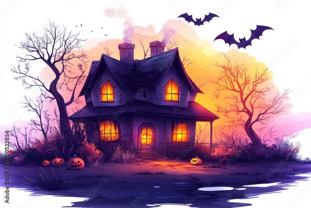 Obraz premium Haunted house illustration set in a spooky forest with bats flying overhead and eerie lighting ideal for Halloween themed designs or haunted house advertisements