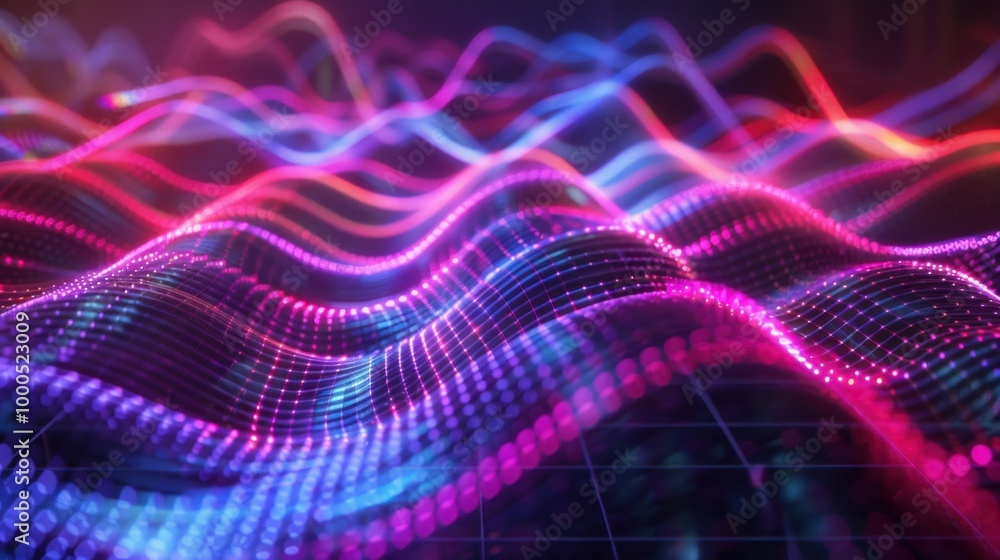 Multiple laser beams forming wave-like patterns on a dark background, glowing vividly in neon hues Multiple laser beams forming wave-like patterns on a dark background, glowing vividly in neon hues