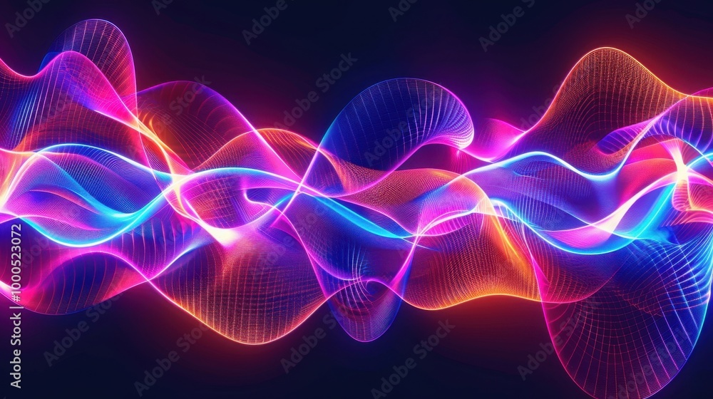 Fototapeta premium Neon laser light beams forming dynamic wave patterns on a dark background, creating a sense of movement and energy