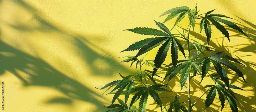 Fototapeta premium Hemp Green With Light Green Shadow On Yellow Background