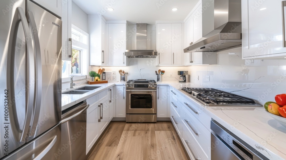 Sleek and modern kitchen with white cabinetry, stainless steel appliances, and clean countertops Sleek and modern kitchen with white cabinetry, stainless steel appliances, and clean countertops