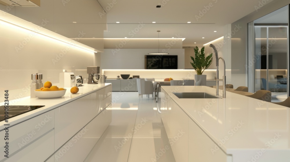 Sleek modern kitchen with white countertops, minimalist appliances, and bright lighting Sleek modern kitchen with white countertops, minimalist appliances, and bright lighting