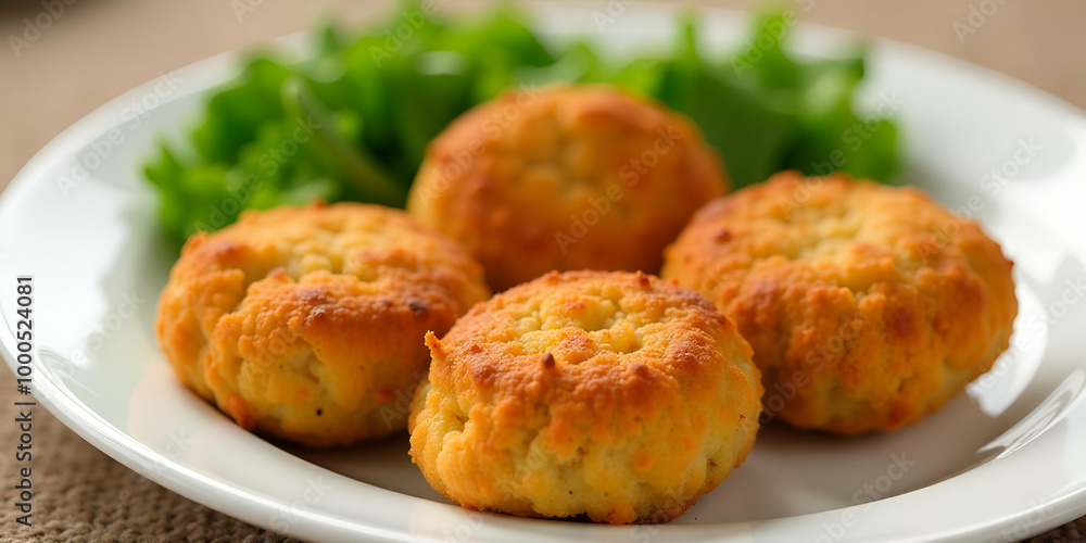 Fried breaded potato croquettes on a plate with green salad in the background Fried breaded potato croquettes on a plate with green salad in the background