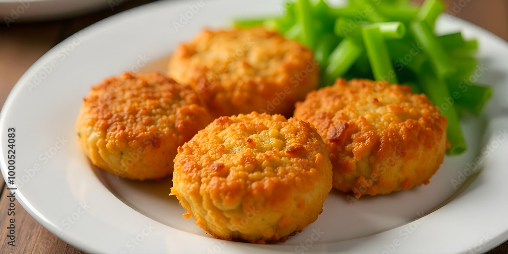 Fried croquettes with a crispy golden brown exterior, served on a plate with fresh green lettuce leaves Fried croquettes with a crispy golden brown exterior, served on a plate with fresh green lettuce leaves