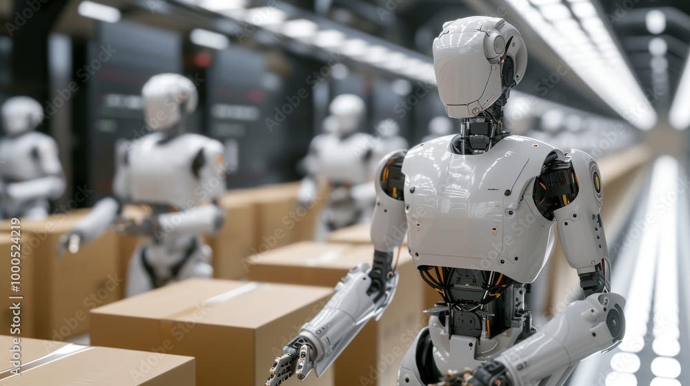 Fototapeta premium A line of humanoid robots handles packages on a conveyor belt in a fully automated industrial facility. The image represents innovation in manufacturing and logistics, highlighting the role of AI and