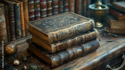 Vintage Leather Bound Books Stacked on a Wooden Table