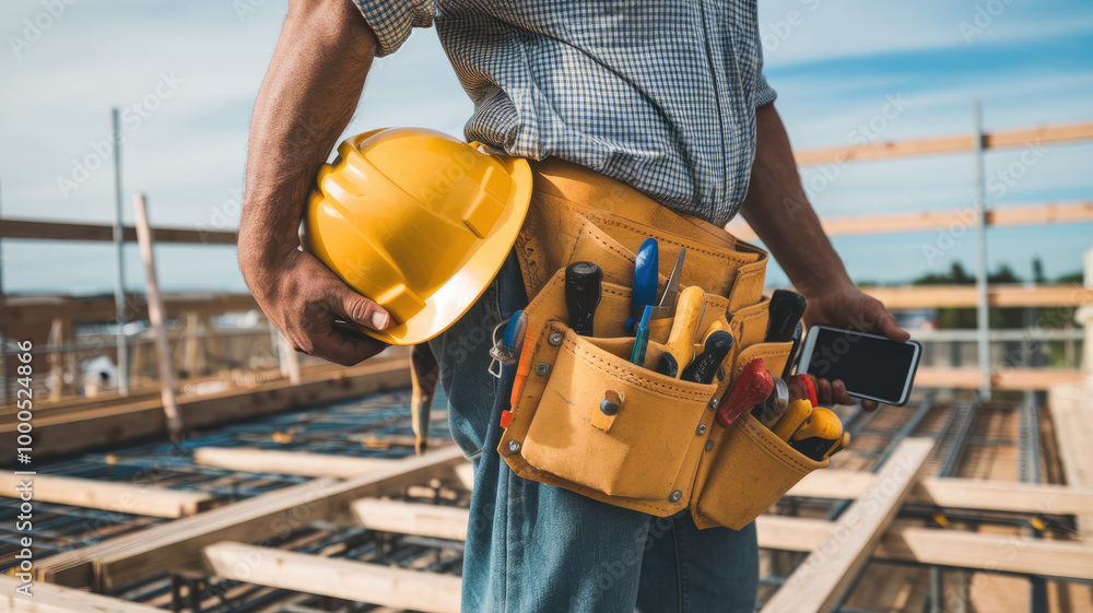 A man wearing a yellow hard hat and holding a cell phone. He is also holding a tool belt A man wearing a yellow hard hat and holding a cell phone. He is also holding a tool belt