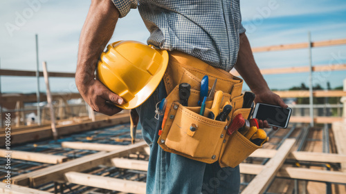 A man wearing a yellow hard hat and holding a cell phone. He is also holding a tool belt