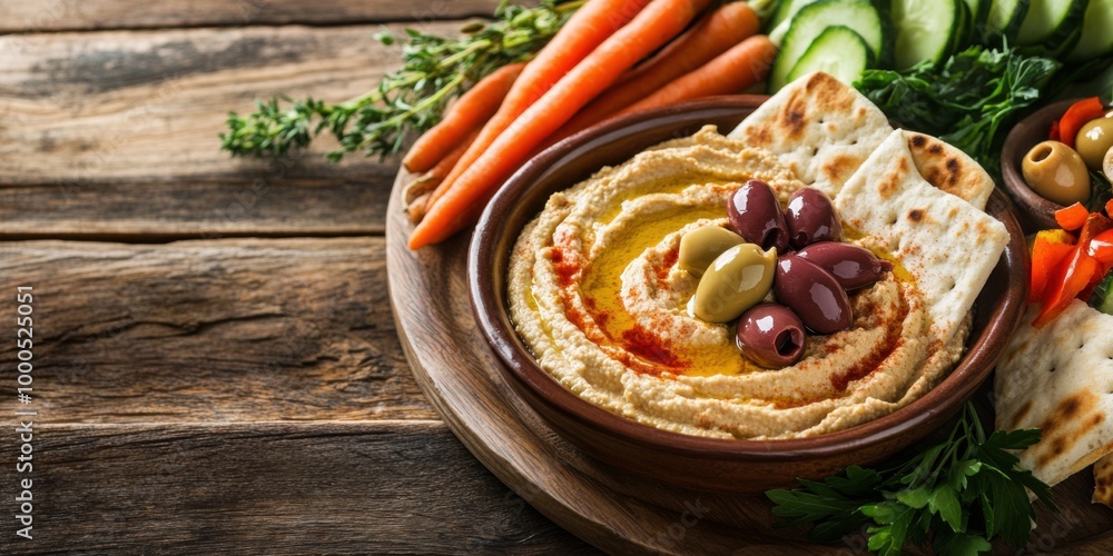 Top View of a Mediterranean Hummus Platter with Pita Bread, Olives, and Fresh Vegetables on a Rustic Table Top View of a Mediterranean Hummus Platter with Pita Bread, Olives, and Fresh Vegetables on a Rustic Table