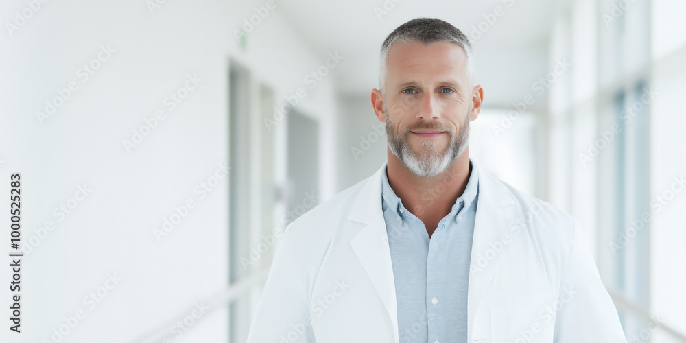 Doctor standing in bright hospital lobby Doctor standing in bright hospital lobby