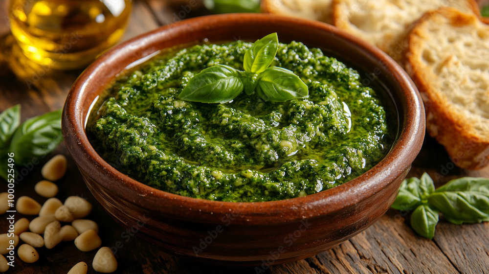 Experience the freshness of Pesto Genovese with a bowl of bright green sauce made from basil, pine nuts, and garlic, accompanied by toasted bread Experience the freshness of Pesto Genovese with a bowl of bright green sauce made from basil, pine nuts, and garlic, accompanied by toasted bread