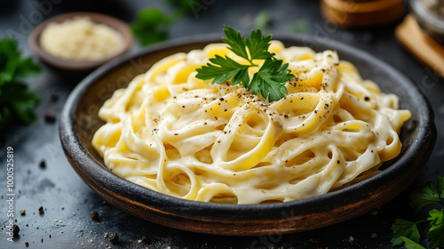 Experience the classic flavors of fettuccine Alfredo, served with a rich creamy sauce, garnished with cracked black pepper and fresh parsley for added flavor